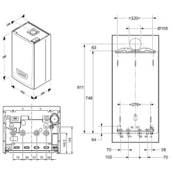 medidas alto ancho fondo y conexiones agua gas calefaccion Caldera Saunier Duval Thema Condens 25 A