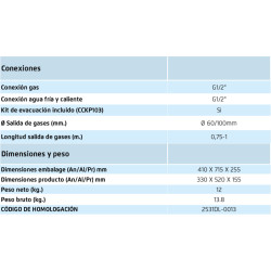 conexiones alto ancho fondo agua gas tomas cm medidas Calentador estanco CORBERÓ CCEP110GNNOX