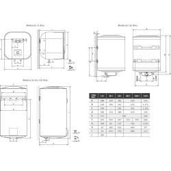 alto ancho fondo conexiones tomas Termo SAUNIER DUVAL LineaAqua E-SD 100 ES C4 SLIM