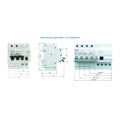 Dimensiones generales y de instalación Diferencial y Magnetotérmico 4P32A 30mA REVALCO RV311 AC