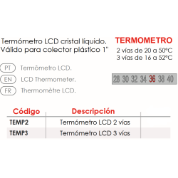 Termómetro LCD cristal líquido.
Válido para colector plástico 1"