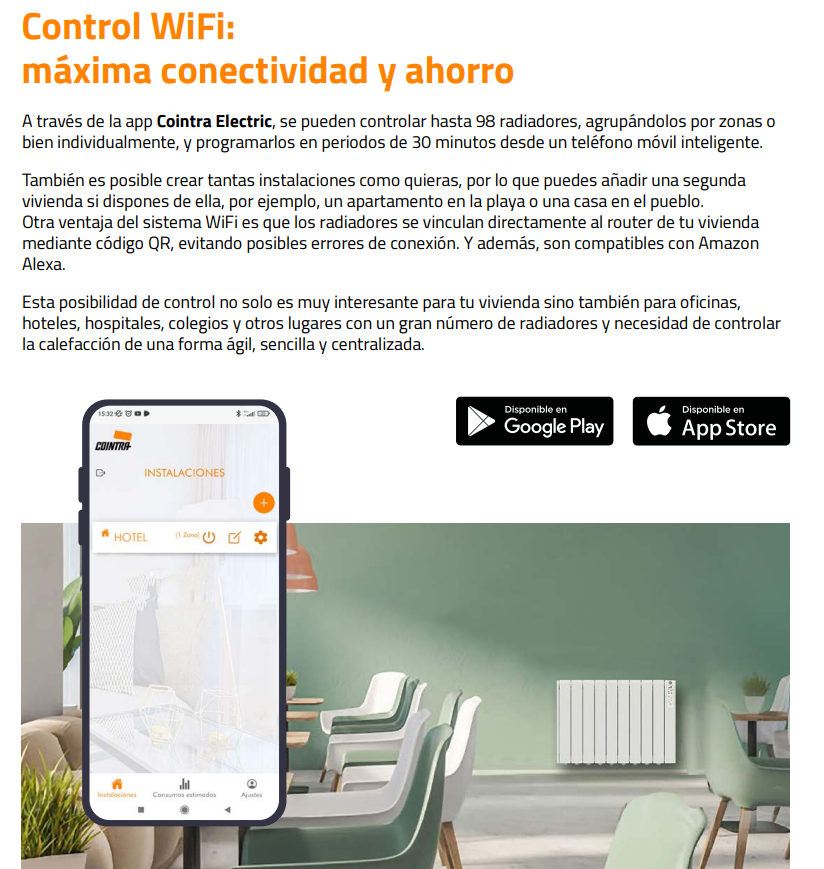 No necesitas accesorios adicionales. Solo escanea el código QR, conéctalo a tu router y empieza a gestionar tu calefacción con la app Cointra Electric. Puedes controlar hasta 98 radiadores, agruparlos por zonas (salón, dormitorios, despacho) y programarlos en intervalos de 30 minutos. Además, es compatible con Amazon Alexa, permitiéndote ajustar la temperatura con tu voz. Esto no es solo calefacción eléctrica. Es confort personalizado.