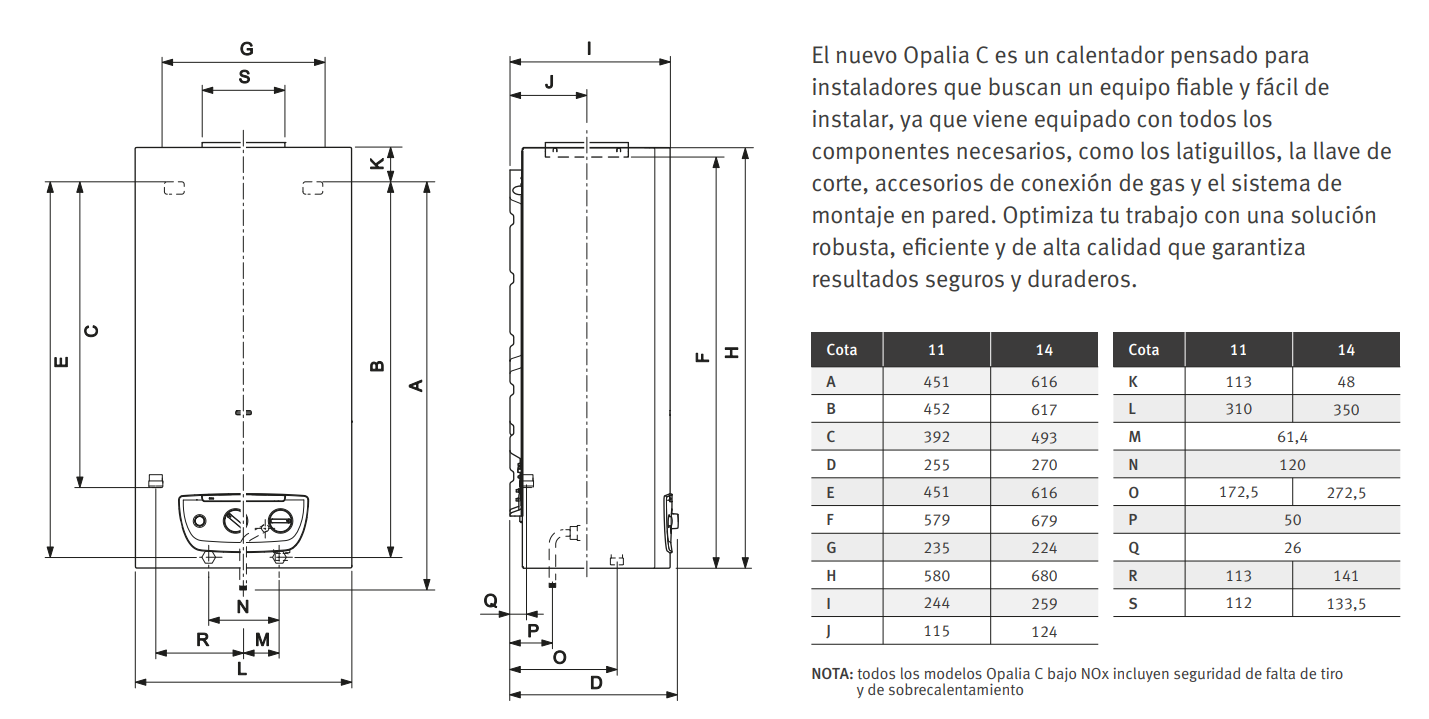 Medidas del Calentador Atmosférico SAUNIER DUVAL OPALIA C Mini 11/1L Gas Butano/Propano